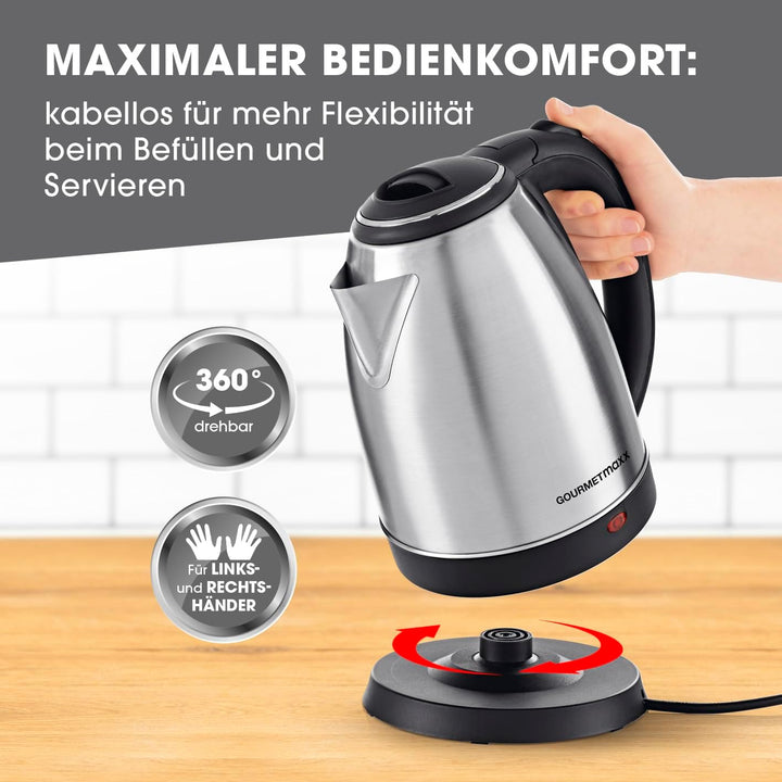 GOURMETmaxx Edelstahl-Wasserkocher 1,8 L | Leistungsstarker Boiler mit Abschaltfunktion und 360° Bas