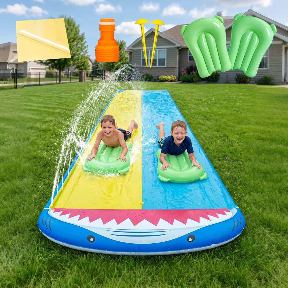 Wasserrutsche Garten Für Kinder, 480x140 cm Doppelrutsche Mit Eingebautem Sprinkler, Double Water Sl