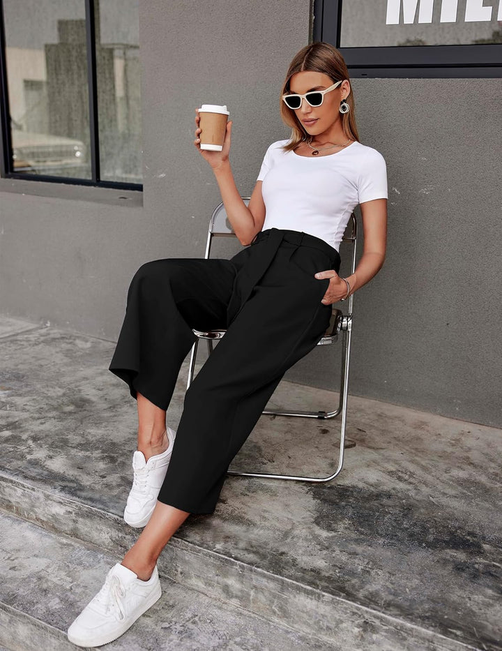 Beyove Damen Weite Hose 7/8 Sommerhose High Waist Elegant Business Hosen Schlaghose Gestreifte Anzug