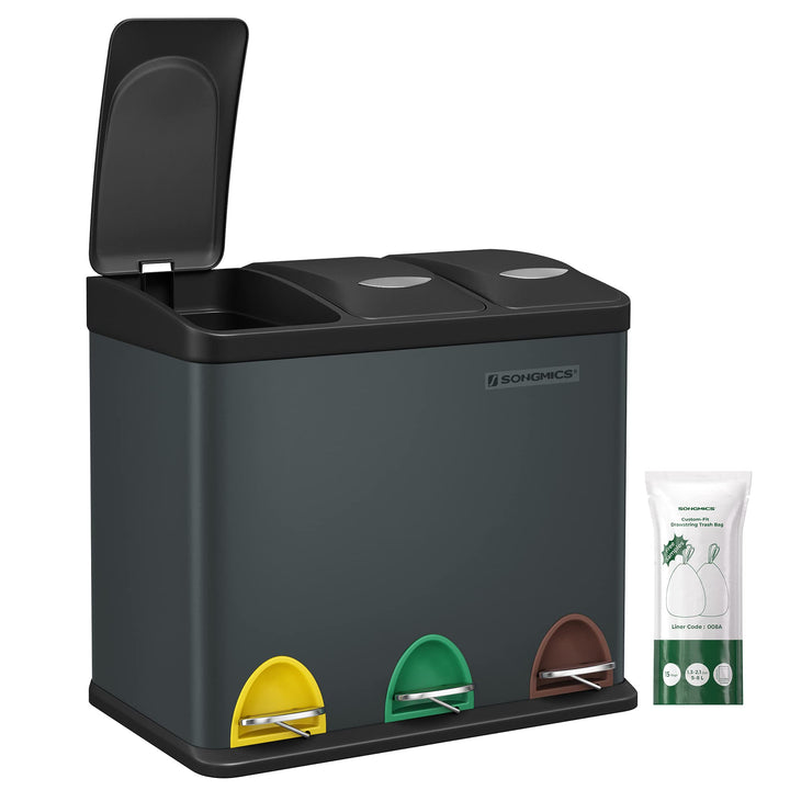 SONGMICS Mülleimer für die Küche, 3 x 8 L, Abfalleimer aus Metall, 3-in-1 Treteimer, Mülltrennung, M