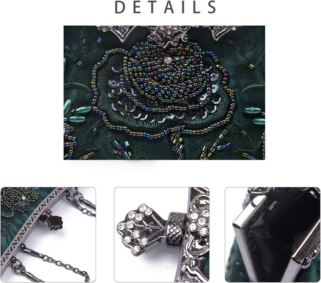 Jywmsc Damen Vintage Floral handgemachte Seed Bead Pailletten Clutch Geldbörse Hochzeit Abendtasche