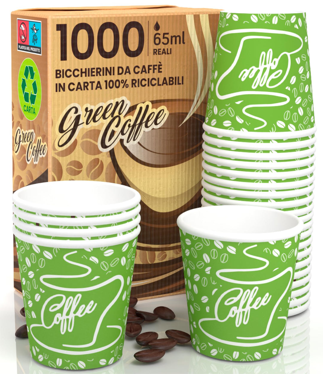 1000 Kaffeebecher aus Papier, 65 ml, CoffeeGreenCUP, umweltfreundlich, biologisch abbaubar, Einwegbe