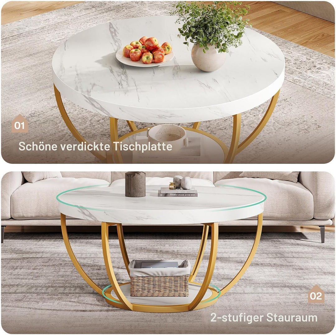 Tribesigns moderner runder Couchtisch, 2-stöckiger Couchtisch mit weissem Marmor und goldenen Metall
