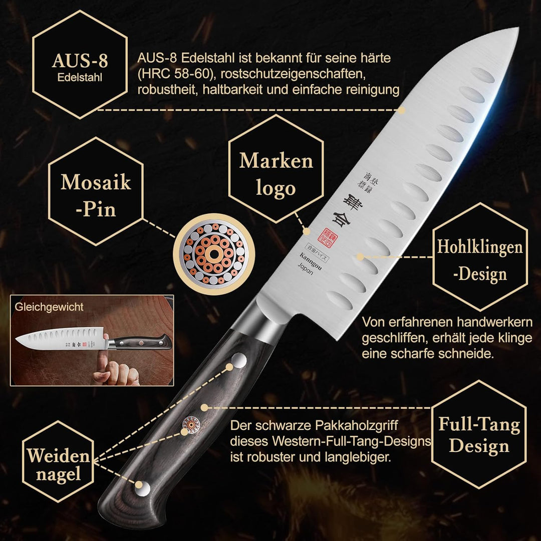 Classic. Japanisches Messer aus AUS-8 Stahl mit Kompletter Räuchergriff (Santoku Kochmesser, 18 cm)
