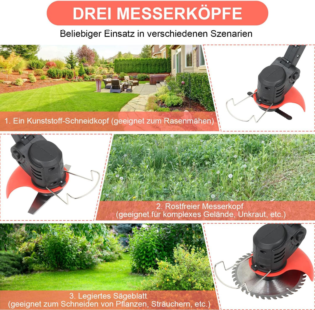 Akku-Rasentrimmer, Rasenkantenschneider (inkl. 2X 1.5Ah Akkus und Ladegerät), 2-in-1 Funktion Rasent