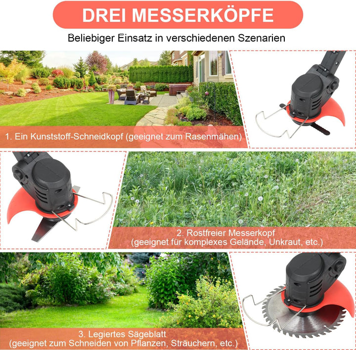 Akku-Rasentrimmer, Rasenkantenschneider (inkl. 2X 1.5Ah Akkus und Ladegerät), 2-in-1 Funktion Rasent