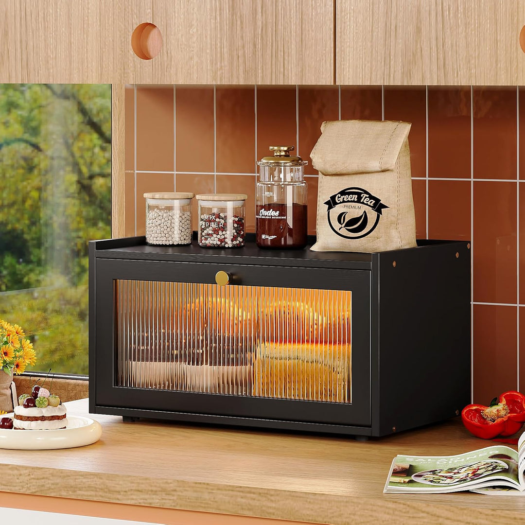 VEDECASA Bambus Brotbox mit LED Sensorlicht, Grosse Küchen Arbeitsplatte Brot Aufbewahrungsbox mit F