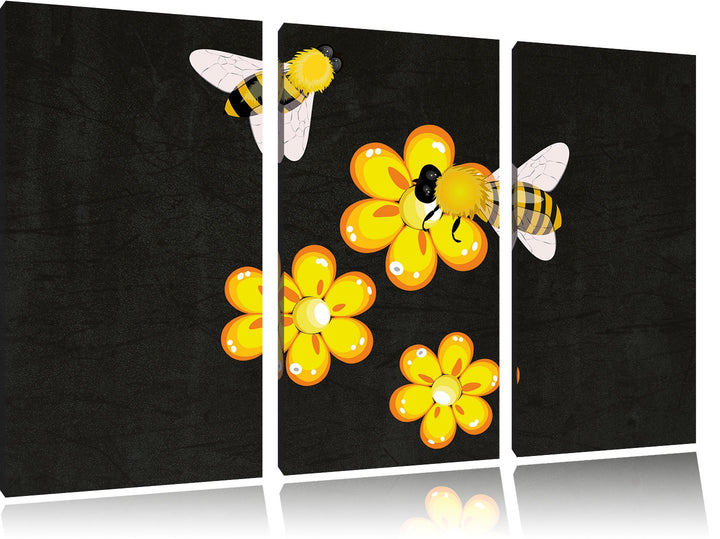 Pixxprint hübsche Bienen mit Blumen als Leinwandbild/Grösse: 3 Teilig (120x80) cm/Wandbild/Kunstdruc