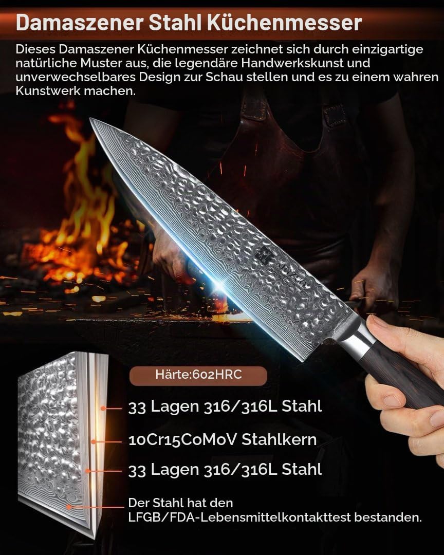 XINZUO 20.1cm Kochmesser,Scharf Profi Damaststahl Gyuto Multifunktions Chefmesser Küchenmesser mit E