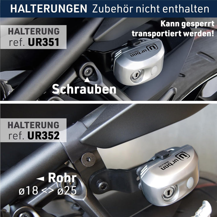 URBAN SECURITY UR22 Diebstahlsicherung Bremsscheibenschloss Motorrad mit Alarm 120 dB Warnung, ø 6 m