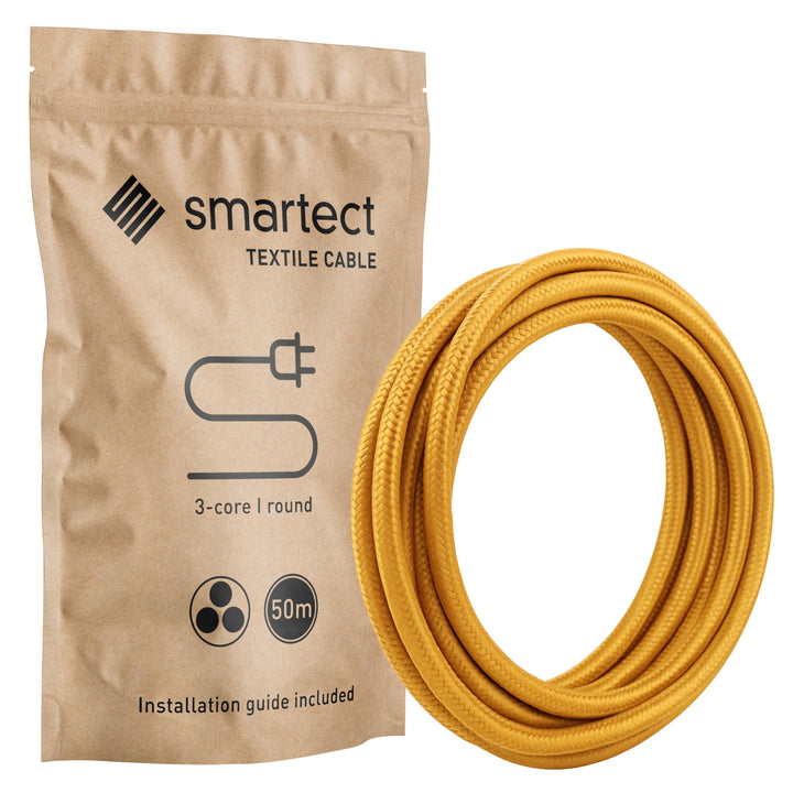 smartect Textilkabel 3-Adrig (3 x 0.75 mm²) Gold, 50 Meter | Vintage Lampenkabel Stoff, Stromkabel t