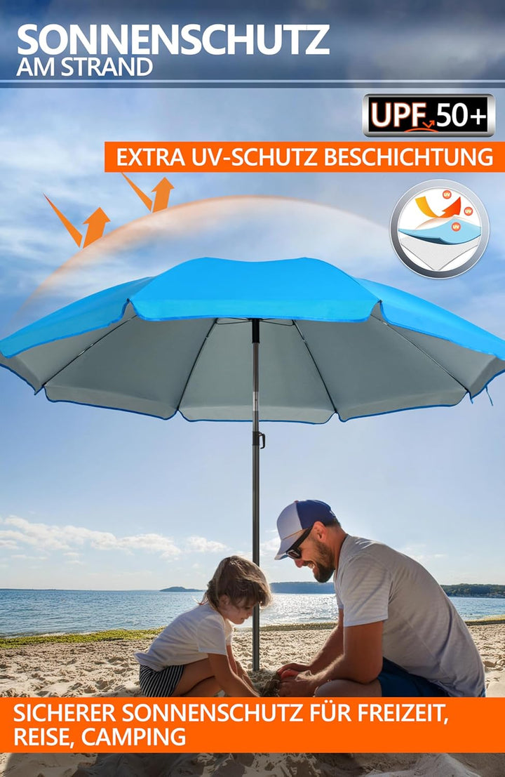 4smile Sonnenschirm Strand SunnyJoy, Blau - UPF 50+ Strandschirm Ø 200 cm, sicherer Sonnenschutz Str