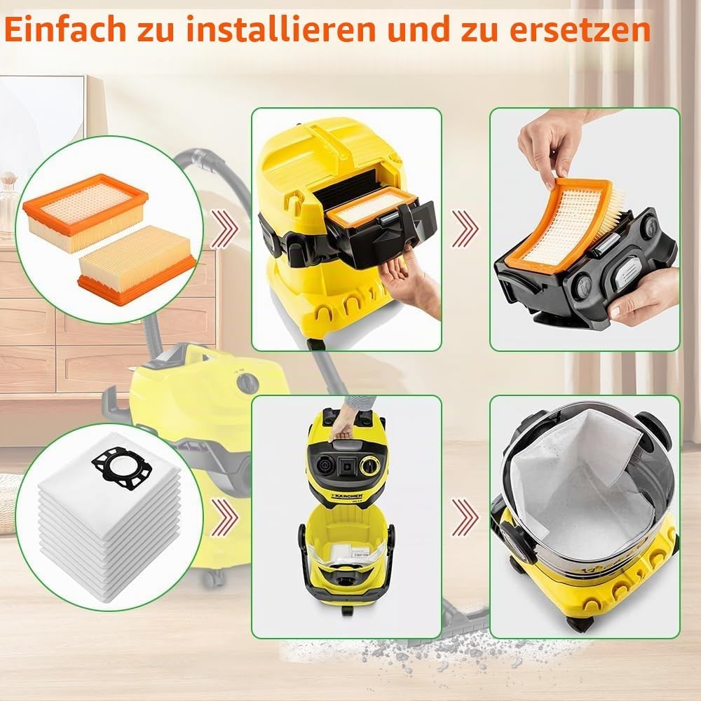 Ruucy 10 Staubsaugerbeutel für Kärcher WD5 WD4 WD6 MV4 MV5 MV6, Schmutzfangsack und Flachfaltenfilte