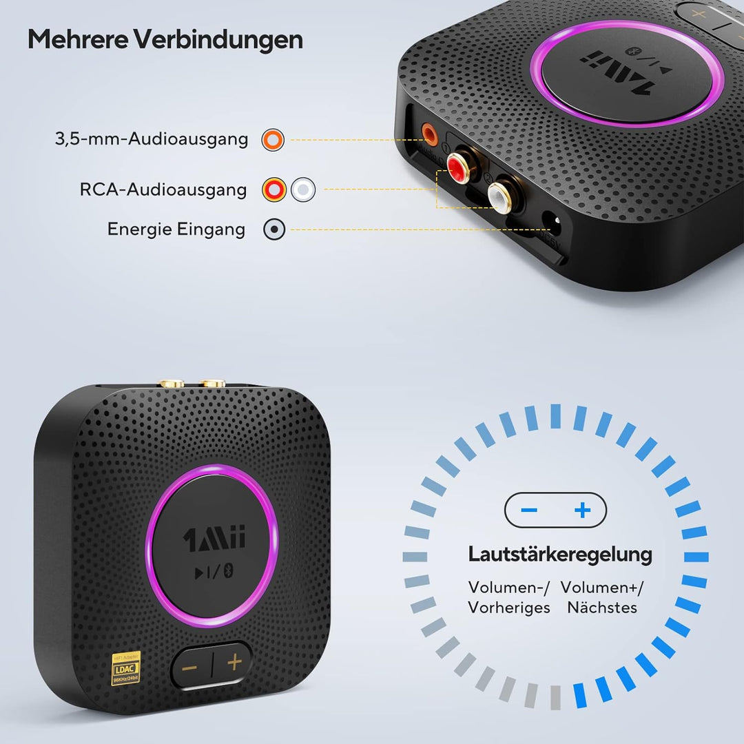 1Mii B06S+ Bluetooth 5.2 Empfänger, HiFi Audio Adapter mit LDAC, Lautstärkeregelung, aptX HD & Low L