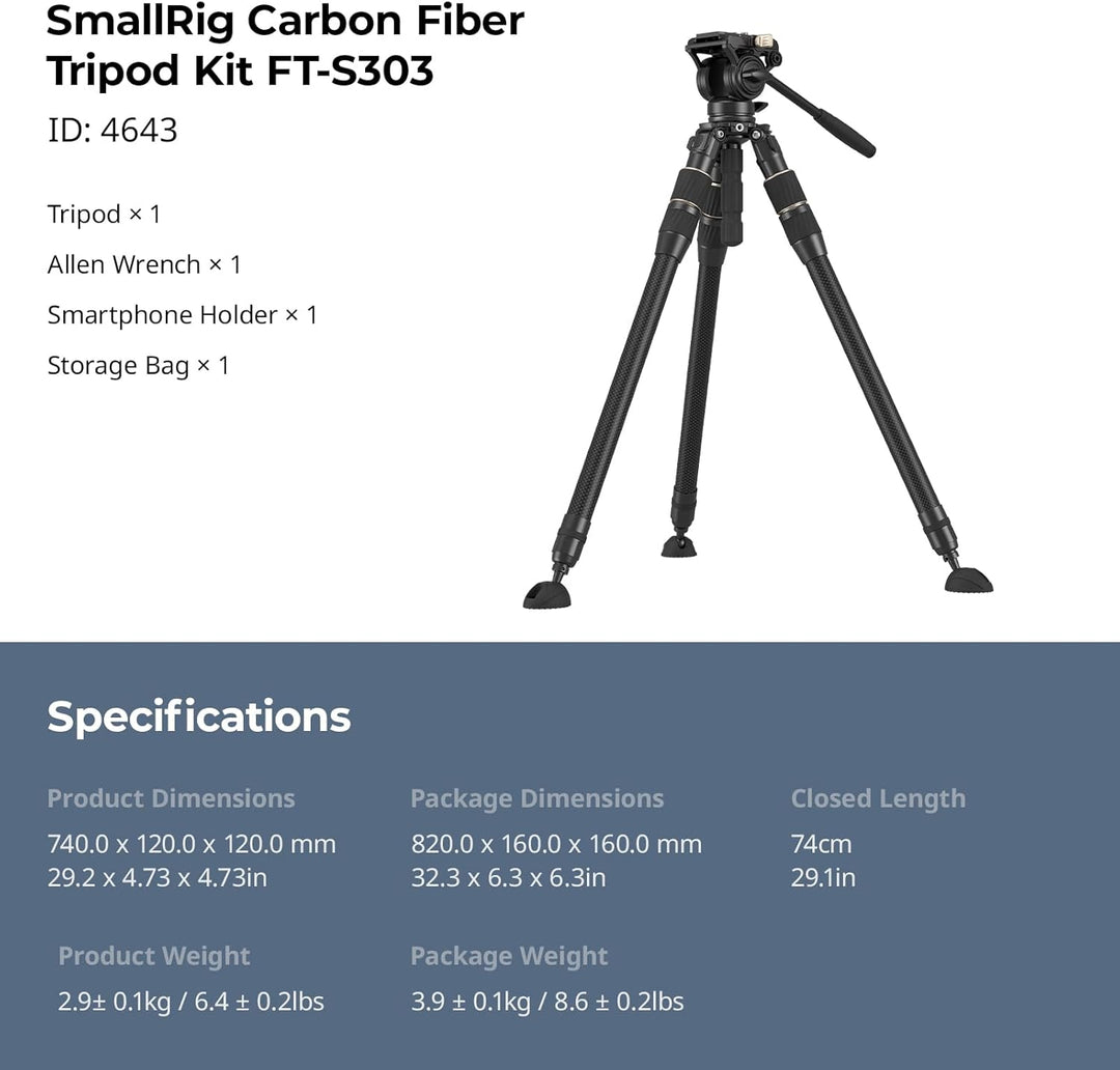 SMALLRIG FT-S303 FreeSpeed Stativ aus Kohlefaser, 59'' Reise-Videostativ mit Höhenverstellung durc