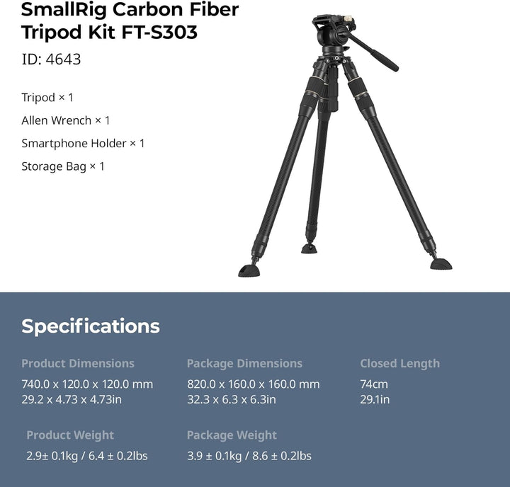 SMALLRIG FT-S303 FreeSpeed Stativ aus Kohlefaser, 59'' Reise-Videostativ mit Höhenverstellung durc