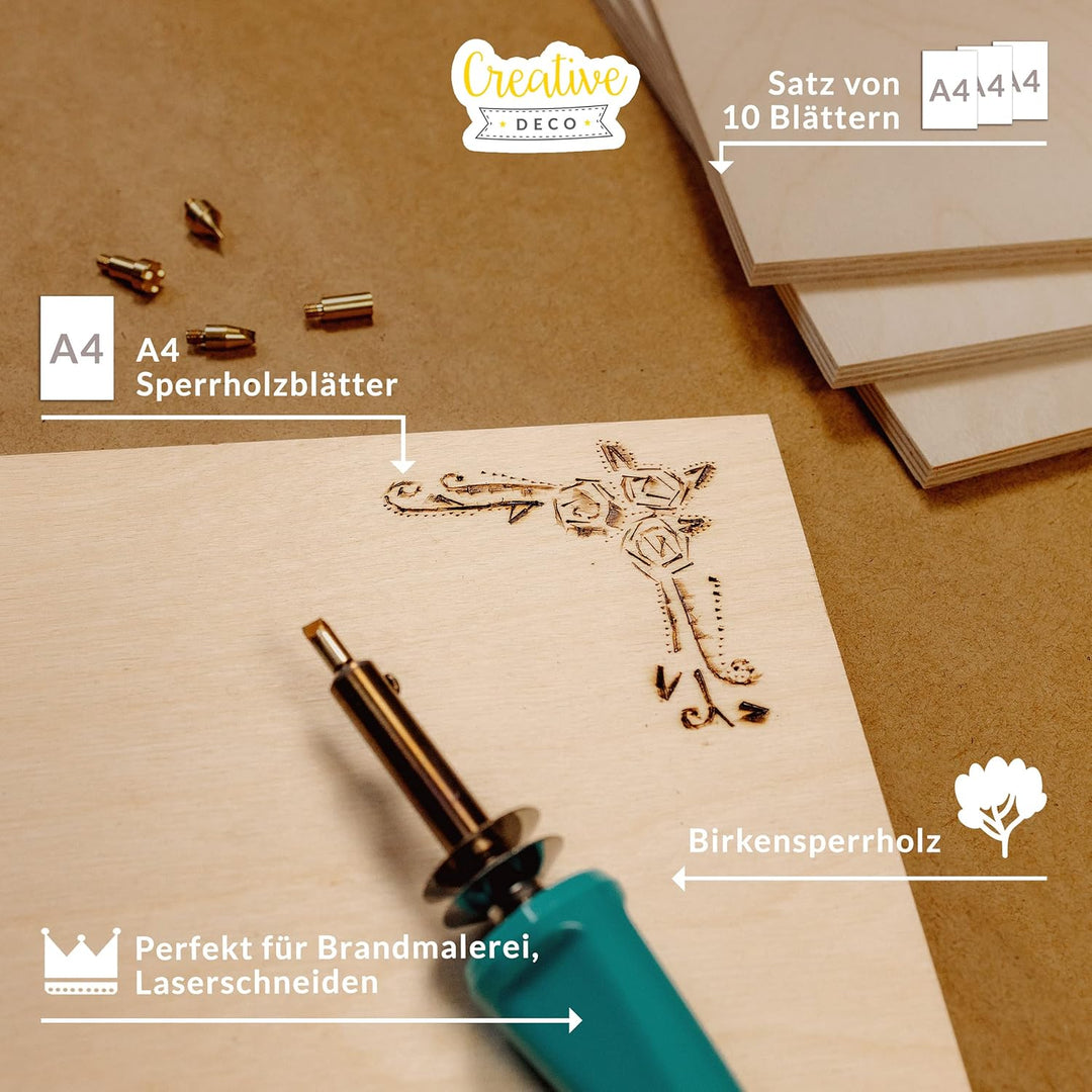 Creative Deco 10 x A4 Sperrholzplatte 8mm Pappelsperrholz | 300 x 210 (+/- 0,5) mm | Dünne Holz-Zusc