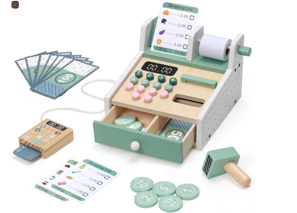 JIYANA Montessori Kasse Kinder Holz, Spielkasse Kinder inkl. Spielgeld & Kartenlesegerät. Kaufladen