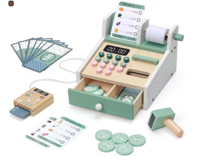 JIYANA Montessori Kasse Kinder Holz, Spielkasse Kinder inkl. Spielgeld & Kartenlesegerät. Kaufladen