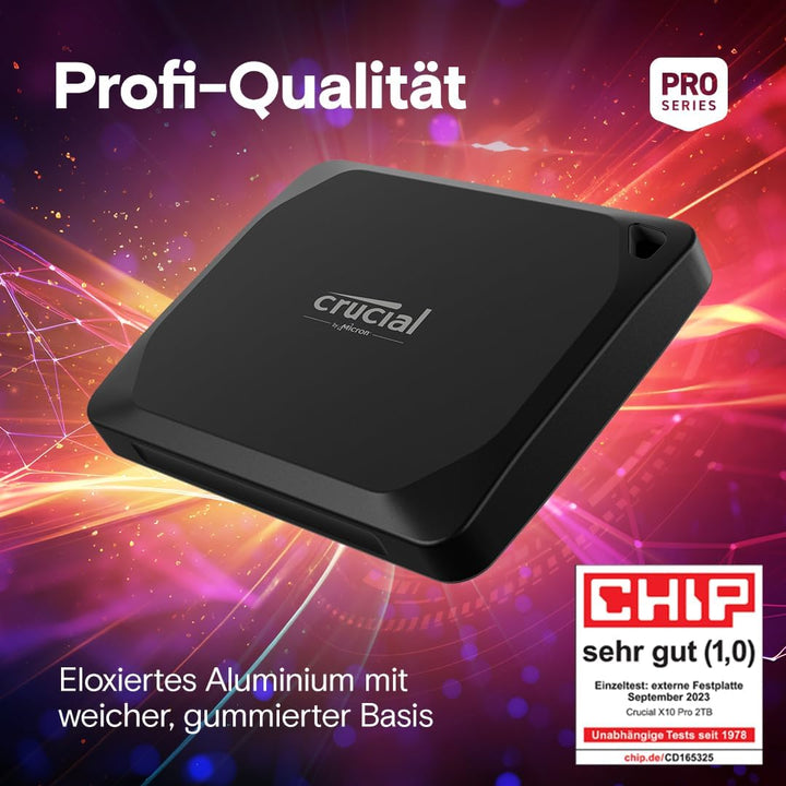 Crucial X10 Pro 2TB Externe SSD Festplatte mit USB-A Adapter, bis zu 2100MB/s Lesen und 2000MB/s Sch