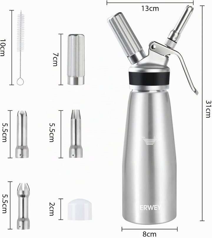 ERWEY Sahnespender 500ML, Sahnesyphon Aluminium, Sahnesprüher Auslaufsicherer Einfach Reinigen mit 3