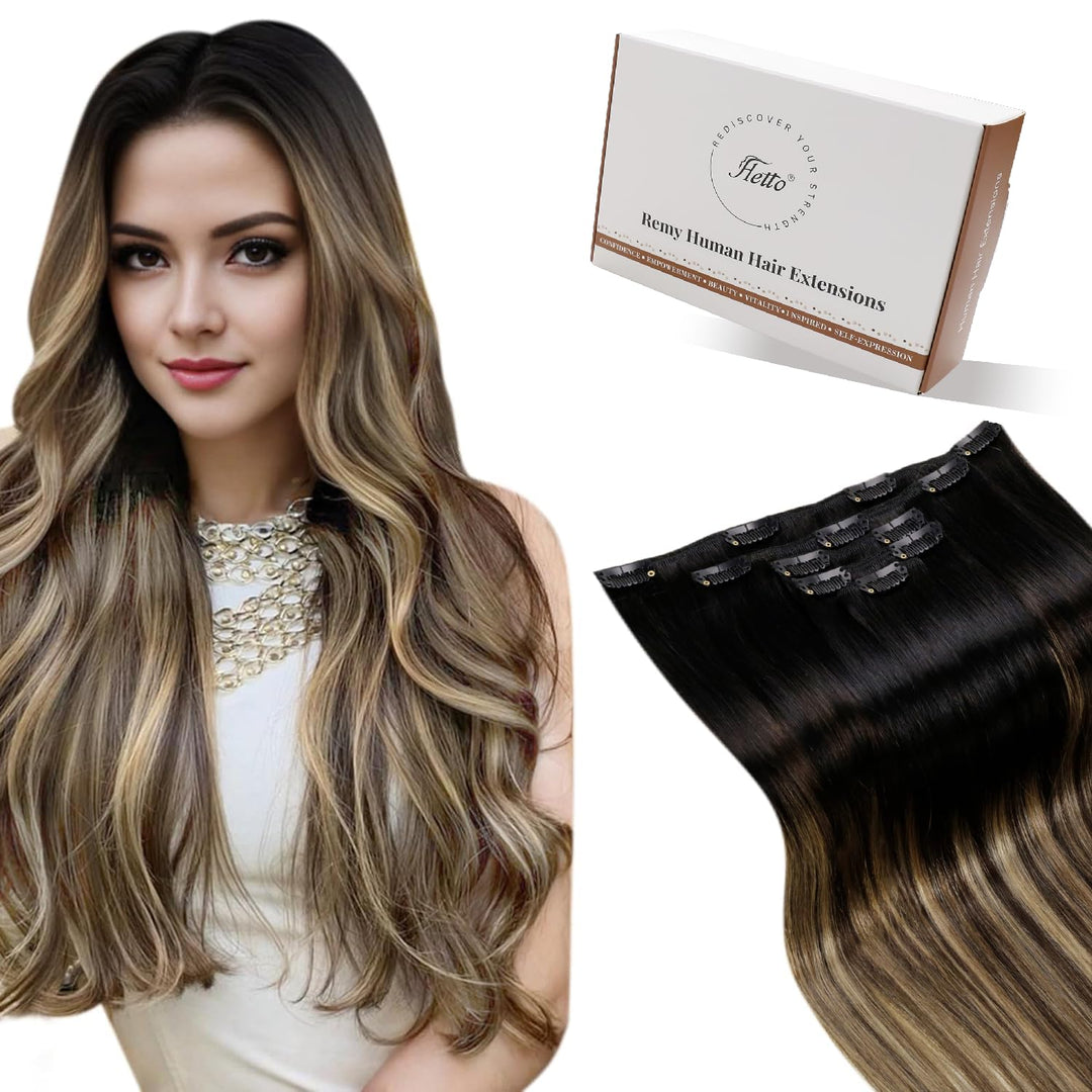 Hetto Clip in Extensions Echthaar Balayage Schwarz zu Hellbraun & Goldblond - Invisible Haarverlänge