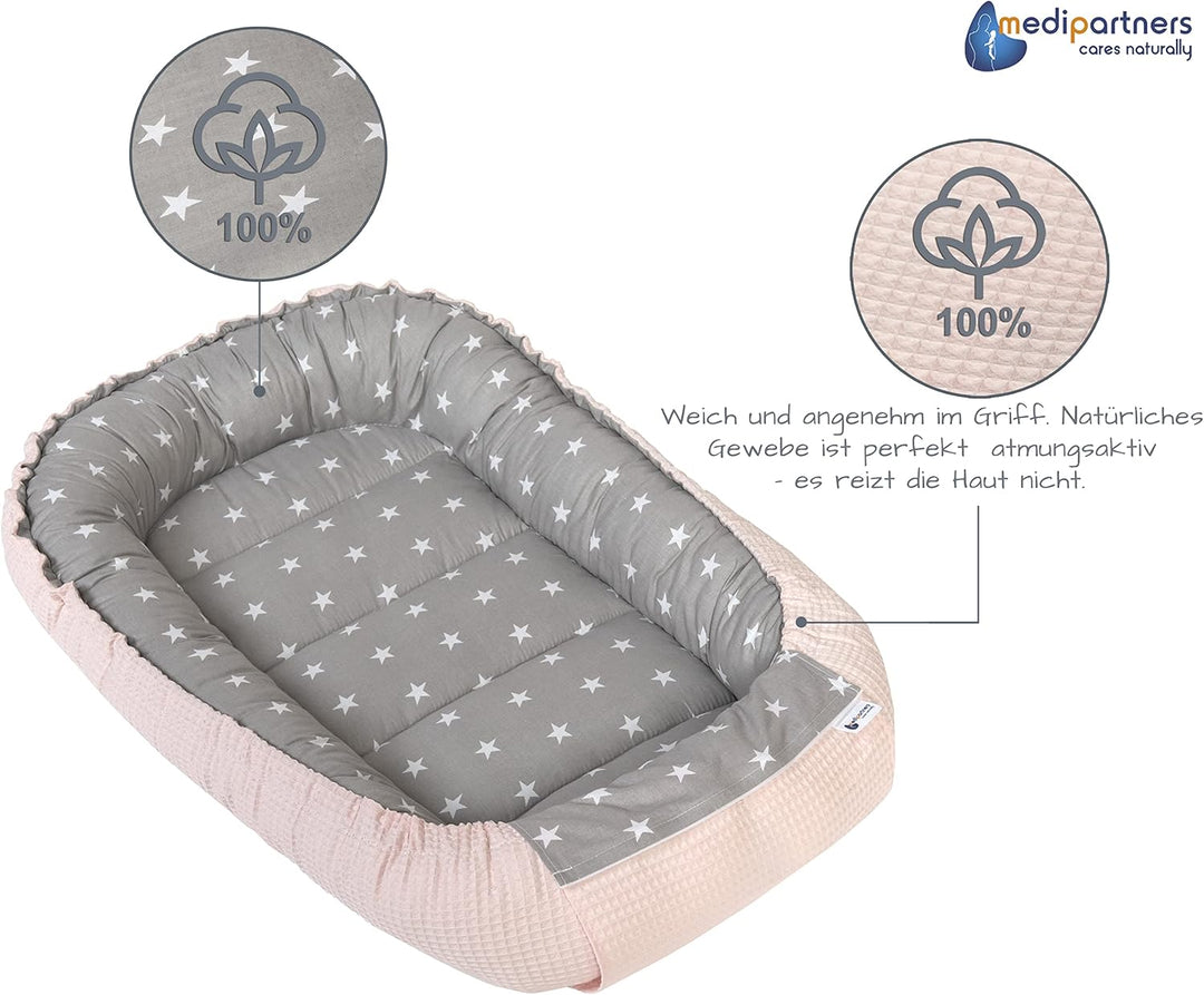 Medi Partners Babynest Kuschelnest Babynestchen 100% Baumwolle Waffle Nestchen Reisebett für Babys S