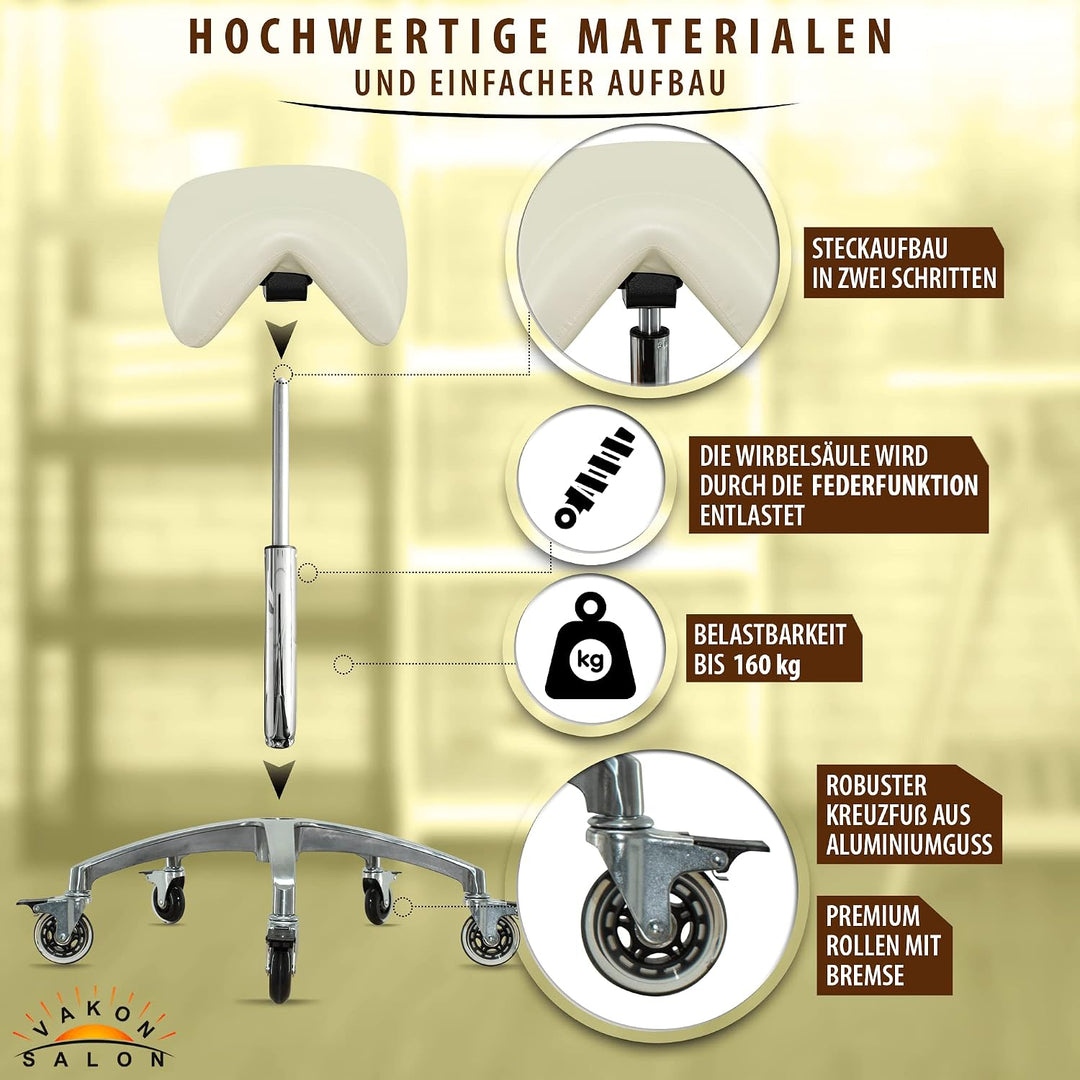 Sattelhocker mit Neigung Weiss, Sattelstuhl, Rollhocker höhenverstellbar von 55-75 cm, Drehhocker, P