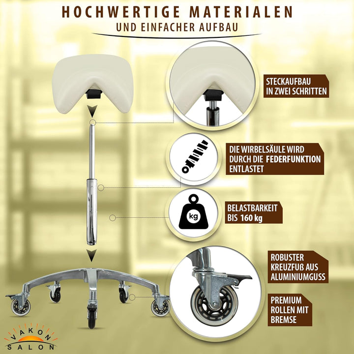 Sattelhocker mit Neigung Weiss, Sattelstuhl, Rollhocker höhenverstellbar von 55-75 cm, Drehhocker, P