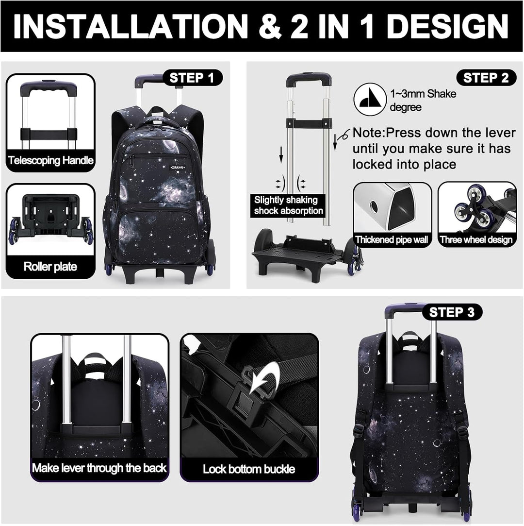 3pcs Schulrucksack Jungen mit Rollen Rucksack Trolley Kinder Schulrucksack mit Rollen Schultasche Tr