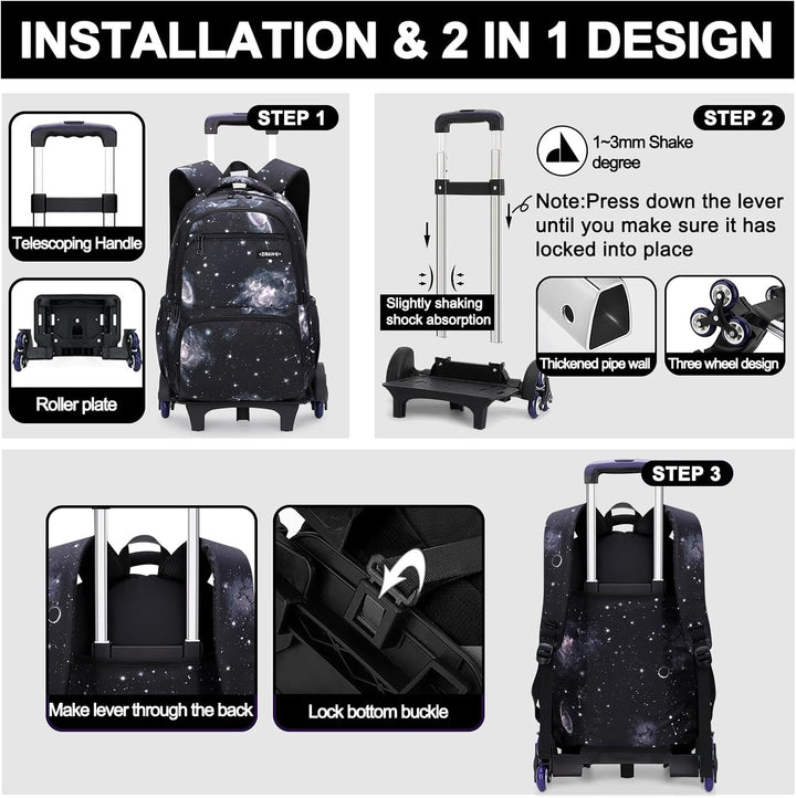 3pcs Schulrucksack Jungen mit Rollen Rucksack Trolley Kinder Schulrucksack mit Rollen Schultasche Tr