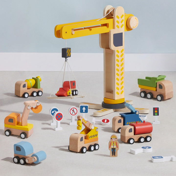 Holzspielzeug Baustelle mit Turmkran, Baufahrzeuge, Betonmischer, Ampel, Verkehrszeichen, Baustellen