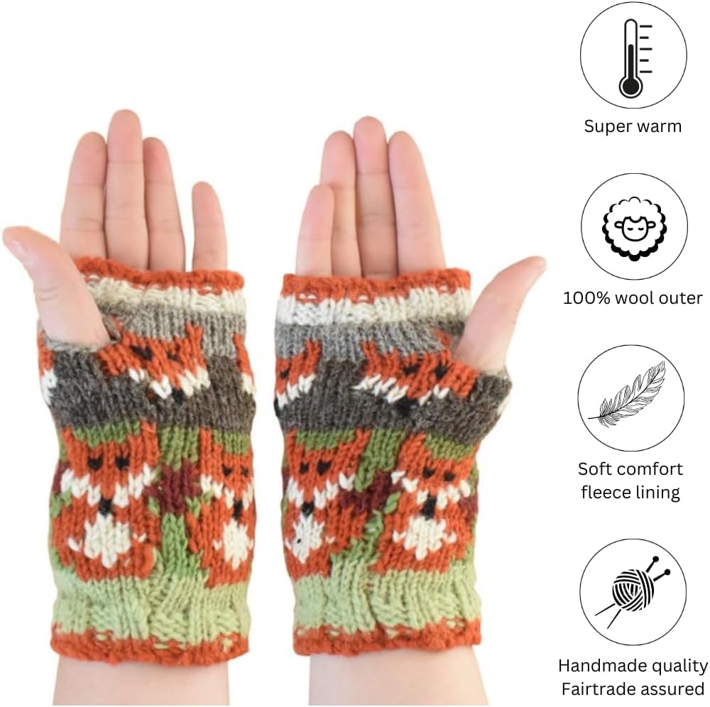 Frauen Wolle Handwärmer Fleece Gefüttert Handgestrickt Fuchs Mehrfarbig Einheitsgrösse Handmade Extr
