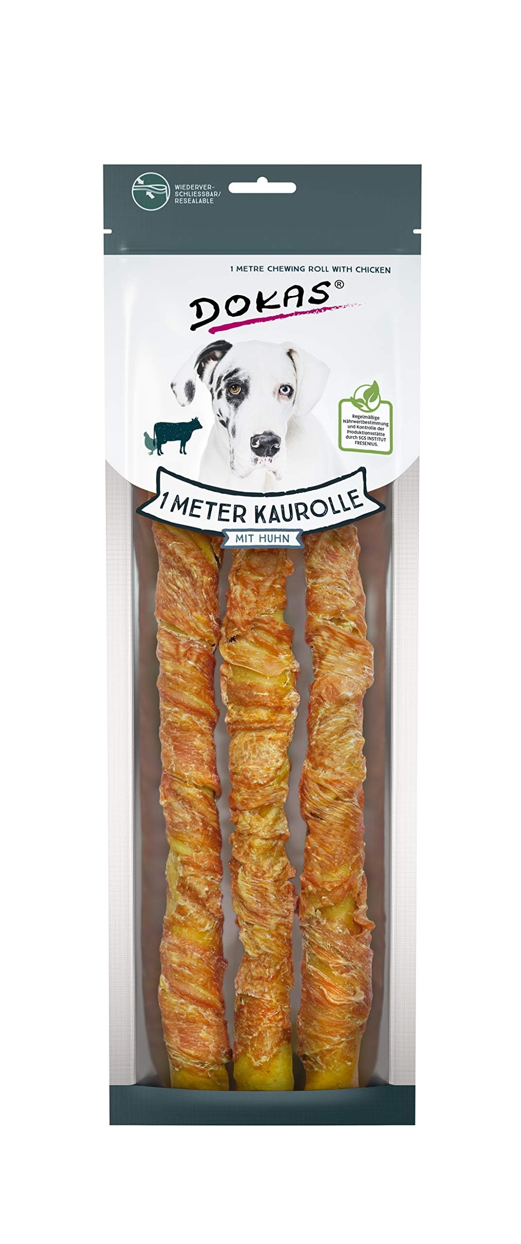 Dokas Dog Snack 1 m Kaurolle aus Rinderhaut mit Huhn - 8 x 315g