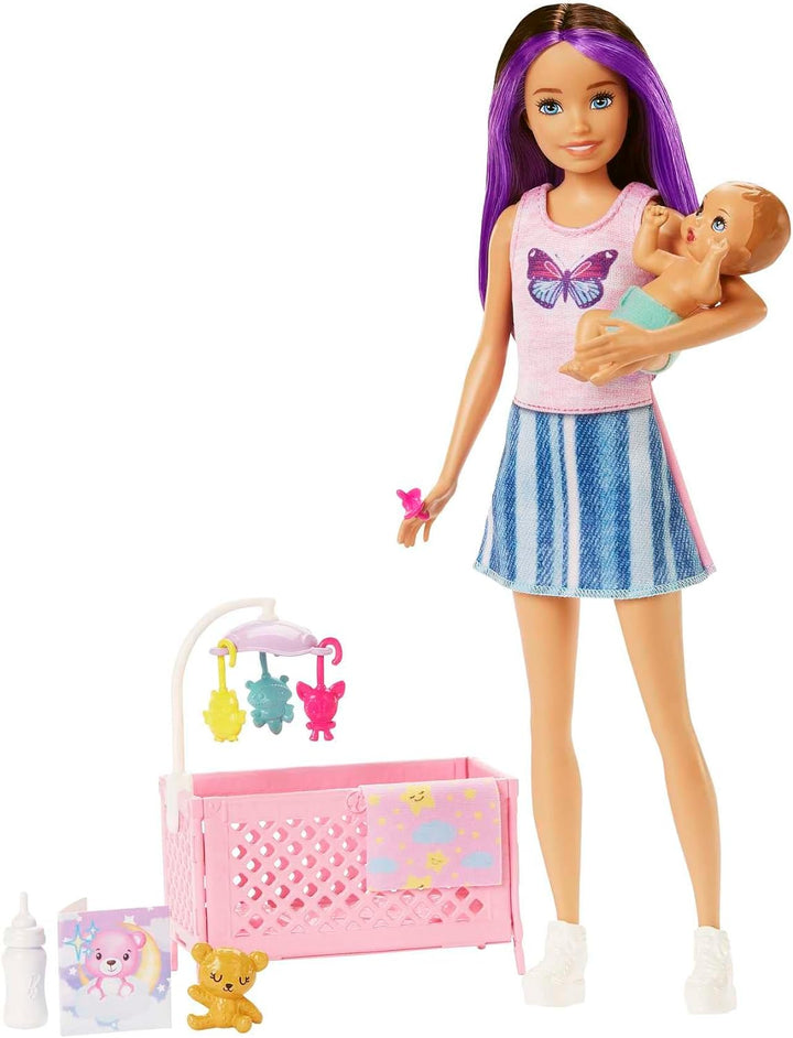 Barbie-Puppe und Zubehörteile, Gitterbett-Spielset mit Skipper-Puppe, Babypuppe mit schläfrigen Auge