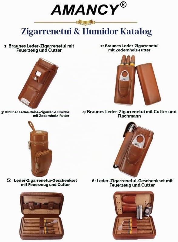 AMANCY Zigarrenetui, für 3 Finger, Leder, mit Zedernholz, mit silberfarbenem Edelstahlschneider, Bra