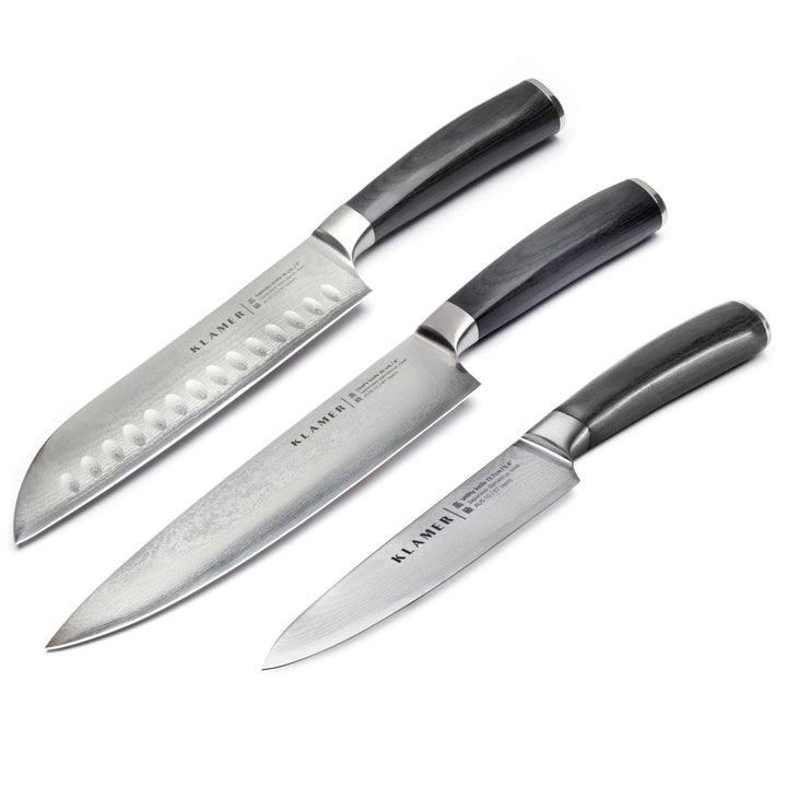 KLAMER Premium Damastmesser echter japanischer Stahl (3er Messerset) Classic Damast Set 3-teilig Set