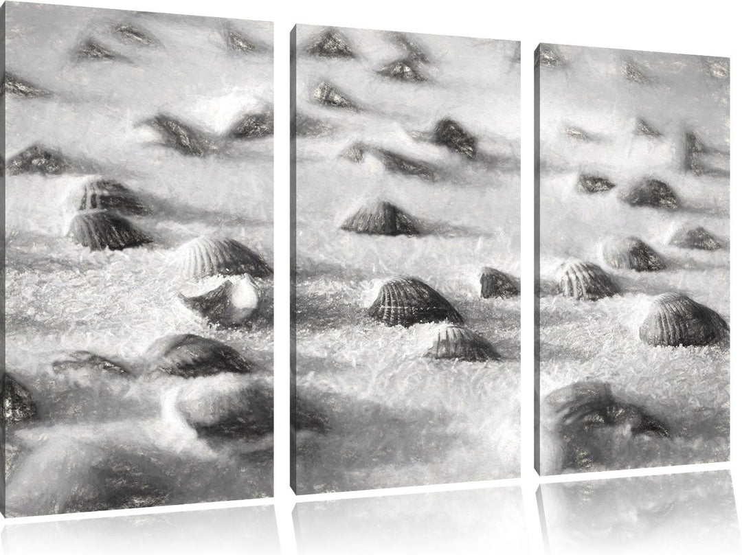 Pixxprint Muscheln im Sand Kunst als Leinwandbild/Grösse: 3 Teilig (120x80) / Wandbild/Kunstdruck/fe