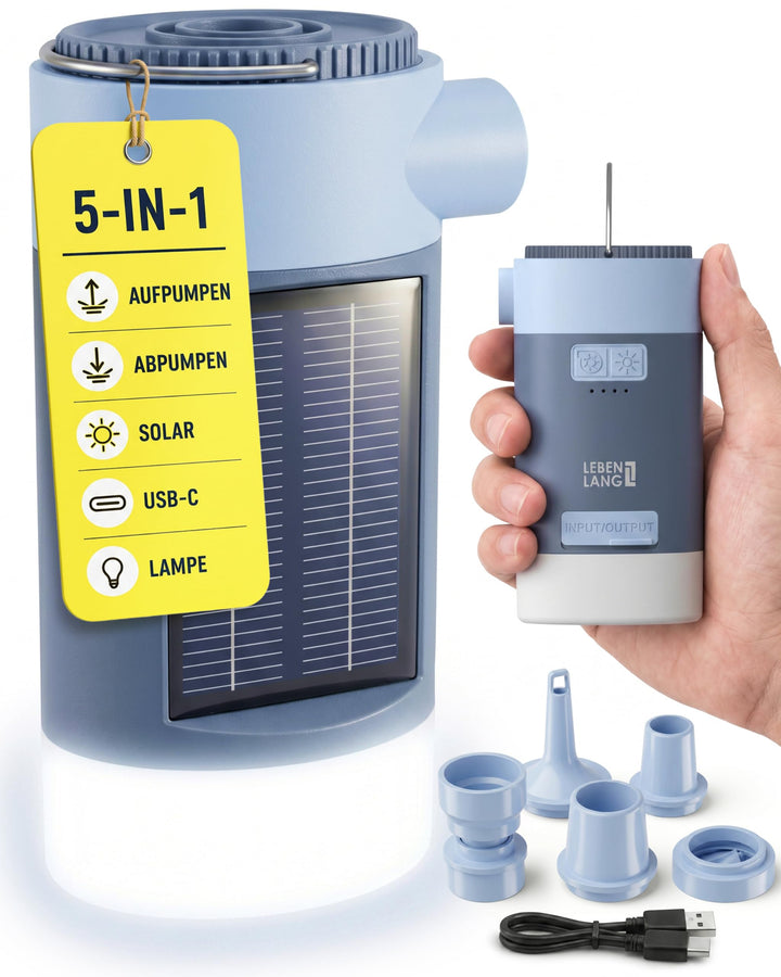 LEBENLANG 3 in 1 Elektro Luftpumpe Akku - 4,5kPa &amp; 4000mAh mit Solarpanel I IPX4 Elektrische Pumpe A