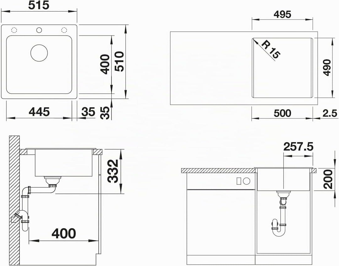 BLANCO NAYA 5 | SILGRANIT schwarz | Einbauart: Einbau von Oben | ohne Ablauffernbedienung | 50er Unt
