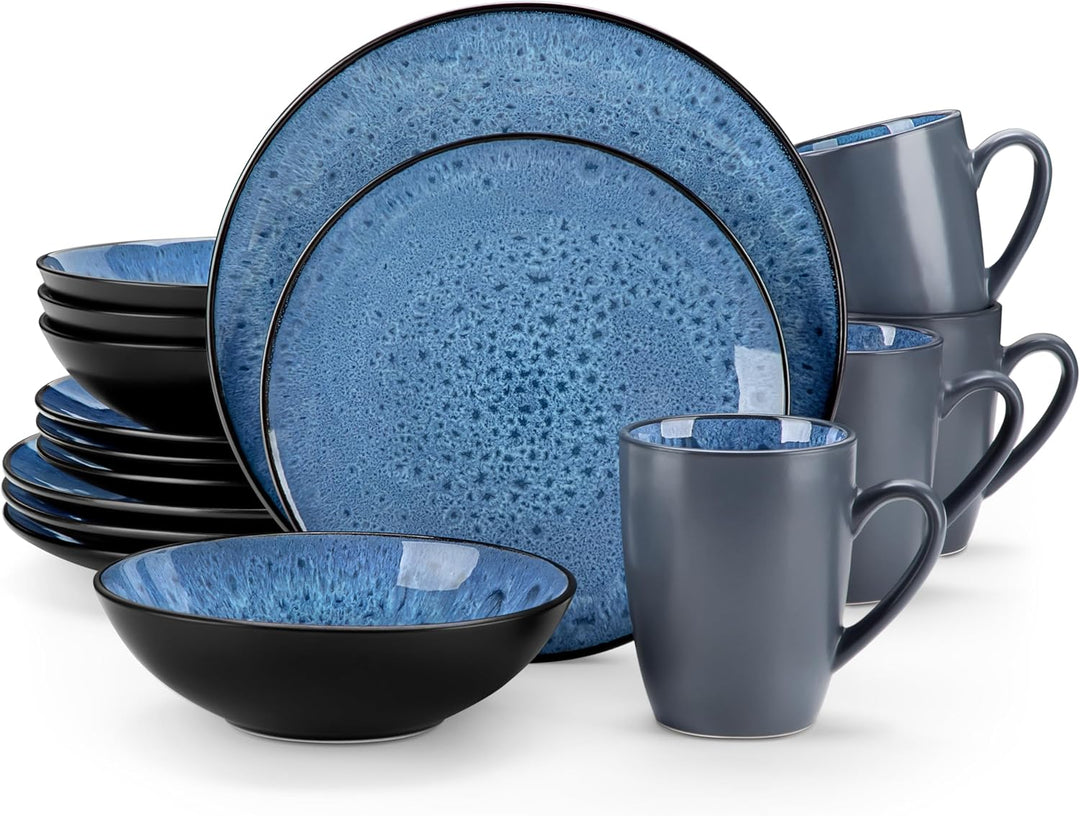 Geschirrset Steinzeug, vancasso BUBBLE 16-tlg Geschirr Set blau, Reaktive Glasur Tafelservice mit Te