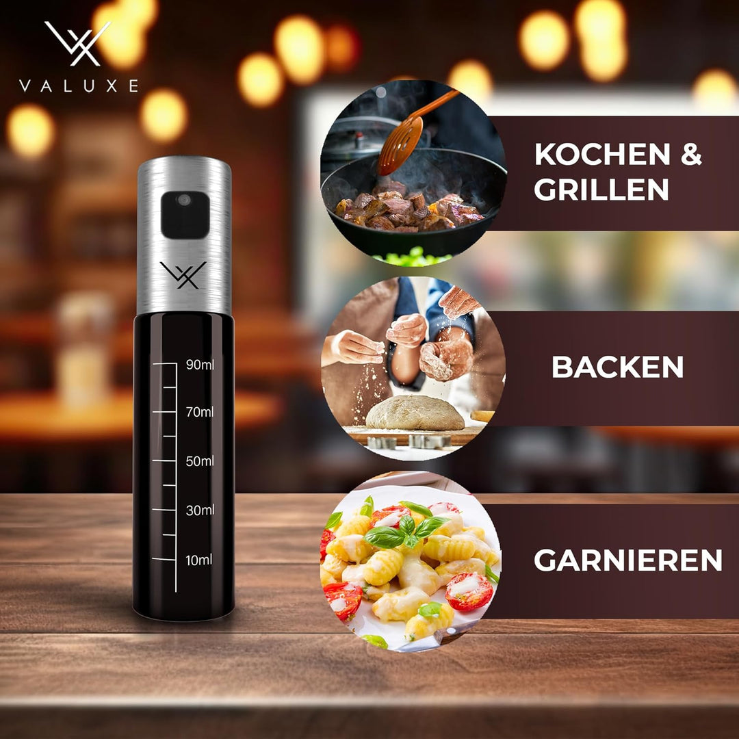 VALUXE® Ölsprüher für Speiseöl und Essig mit UV-Schutz Glas & Sprühfilter - 2er Set Edelstahl Öl-Spr