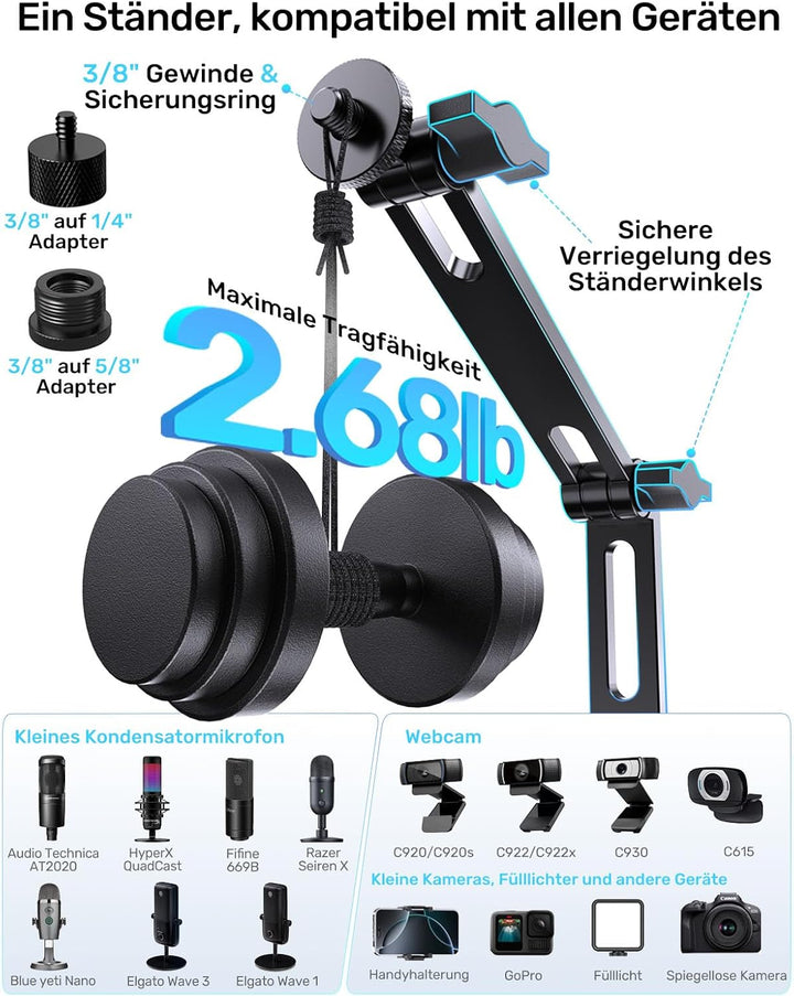 Heavy-Duty Desk Mic Stand,Studio-Arm für Mikrofone Verstellbarer Arm mit Schwerem Sockel (Maximale B
