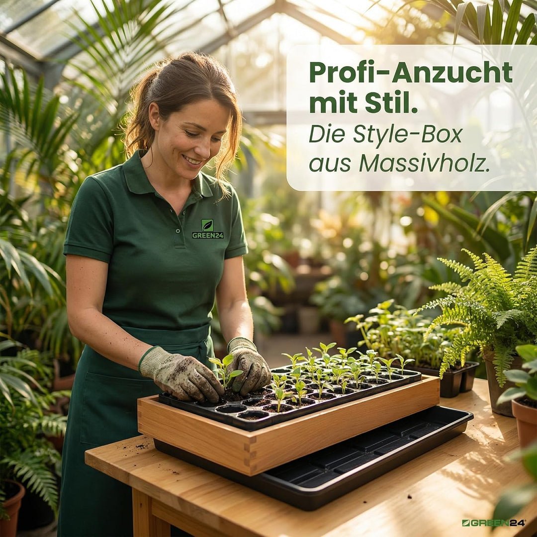 GREEN24 Gewächshaus Style-Box Beige GK5331H für Bewässerungswanne + Topfplatte - Birke Massivholz ge