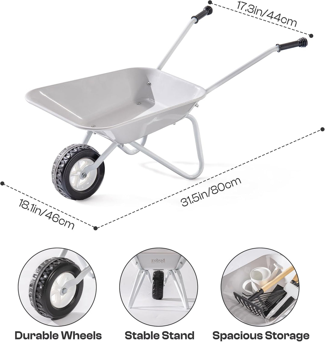 ROBUD Schubkarre Kinder Metall mit Gartengeräte Set, Kinderschubkarre mit Langer Schaufel, Rechen, L