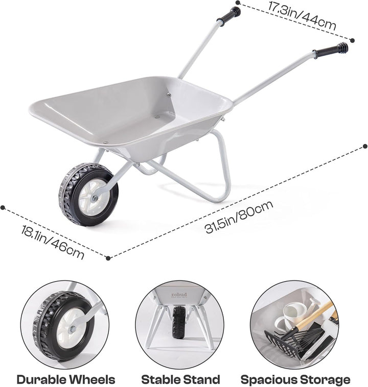 ROBUD Schubkarre Kinder Metall mit Gartengeräte Set, Kinderschubkarre mit Langer Schaufel, Rechen, L