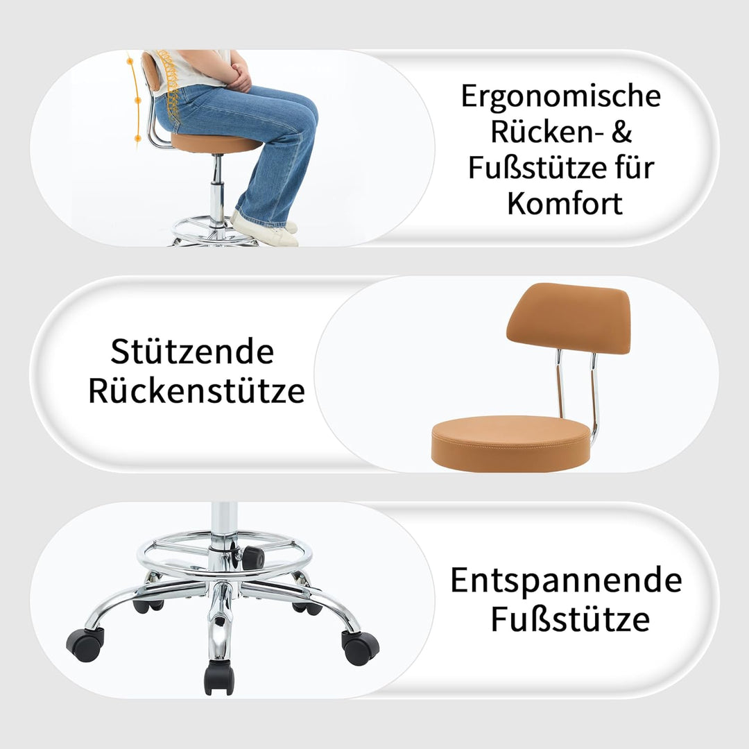 FIRAVOE Rollhocker höhenverstellbar 49,5–67,6 cm mit Rückenlehne und Fussstütze, ergonomischer Drehh