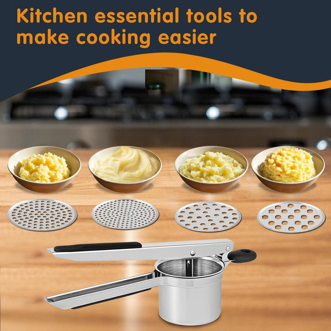 Edelstahl Kartoffelpresse mit 4 Einsätzen – Robuste & Ergonomische Kartoffelpresse – Leicht zu Reini