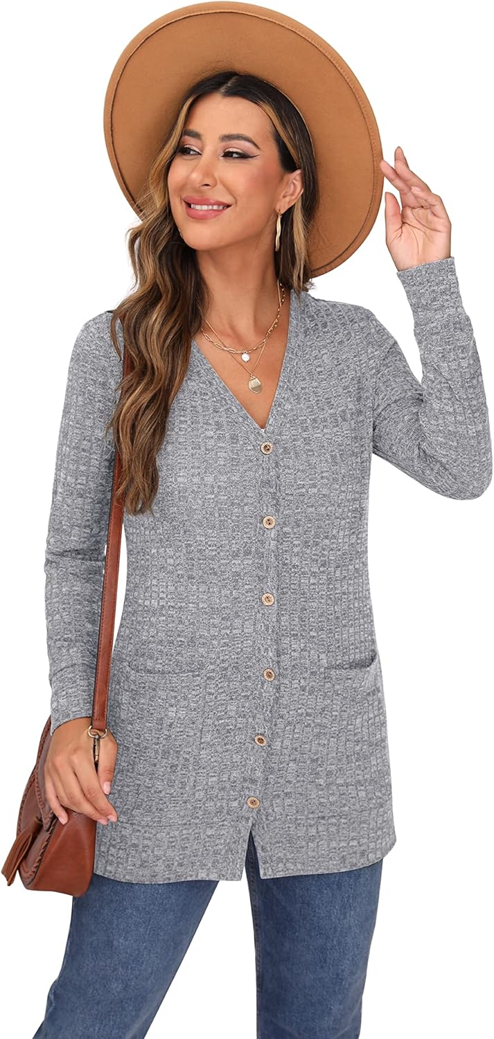 GRECERELLE Damen Leichte Strickjacke Lang mit Taschen und Knöpfen Long Elegant Cardigan V-Ausschnitt