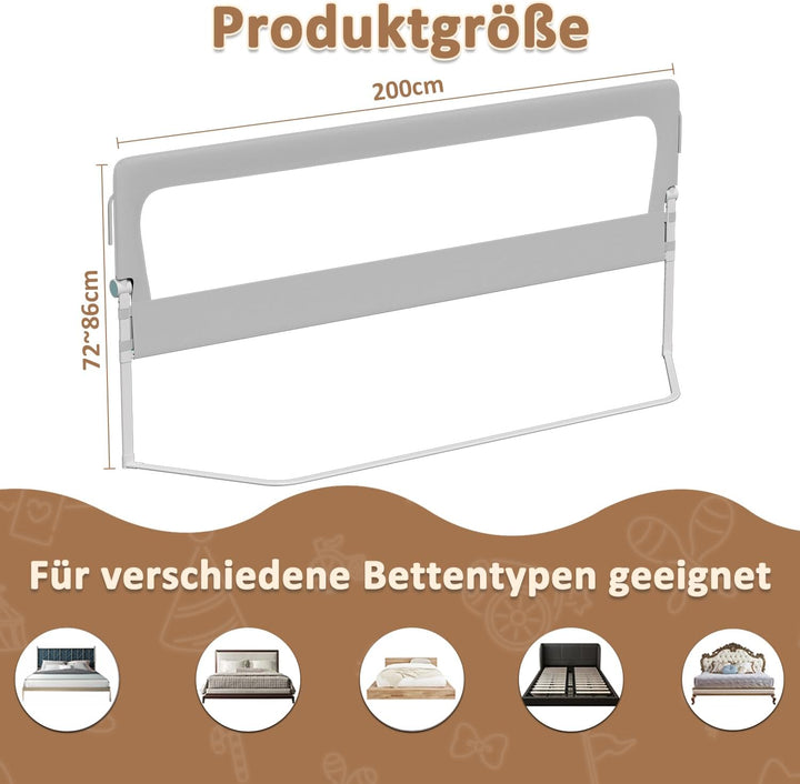 Eulenke 200 cm Bettgitter Rausfallschutz Klappbar, 72-86 cm höhenverstellbar Rausfallschutz Kinderbe